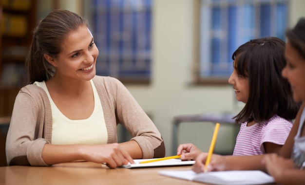 Goed gedaan shot van een leraar die haar leerlingen helpt met hun werk in de klas