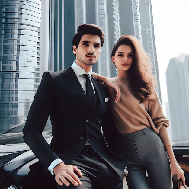 Goed gekleed aantrekkelijk echtpaar leunt op een luxe auto buiten tegen de wolkenkrabber