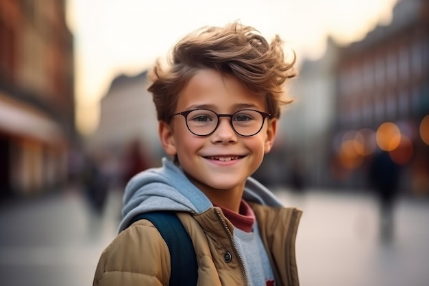 Goed idee Jongen schooljongen hief de pen op met een notitieboekje en boeken tegen de achtergrond van de c