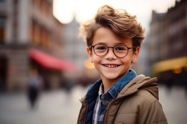 Goed idee Jongen schooljongen hief de pen op met een notitieboekje en boeken tegen de achtergrond van de c