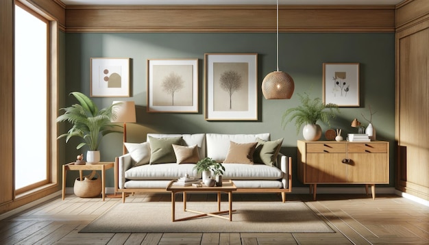 Goed uitgeruste woonkamer die midden-eeuwse moderne meubels mengt met botanische elementen tegen een salie groene muur die een warme uitnodigende ruimte creëert