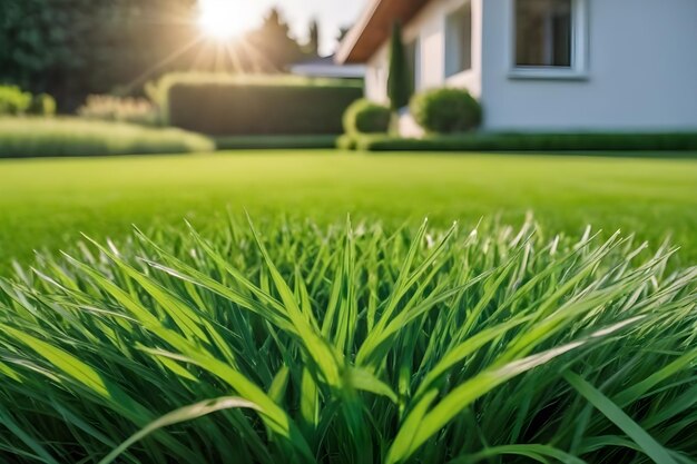 Foto goed verzorgd geknipt grasveld bij het huis dichtbij