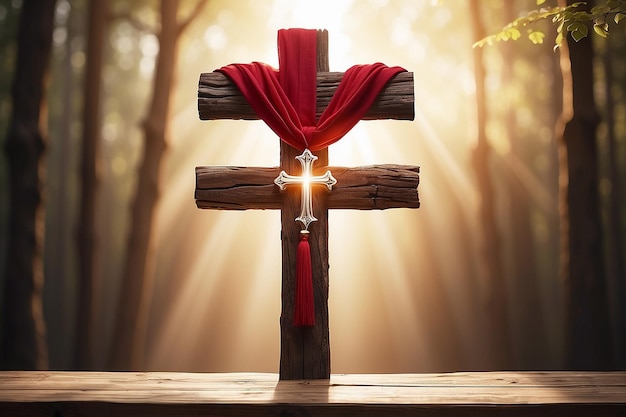 Goede vrijdag poster sjabloon met kruis gemaakt van hout met rode sjaal verlicht met zonlicht wazig