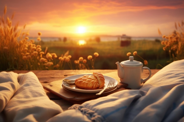 Foto goedemorgen scène met ontbijt koffie sap drank en geweldig uitzicht