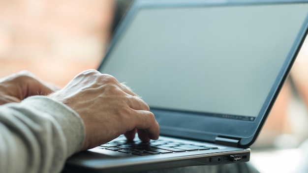 Goederen browsen kopen online toegankelijke en handige moderne technologieën man handen op laptop toetsenbord