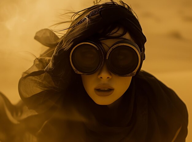 Goggle Girl in Desert Sands protecting her eyes by sand Glasses Safari