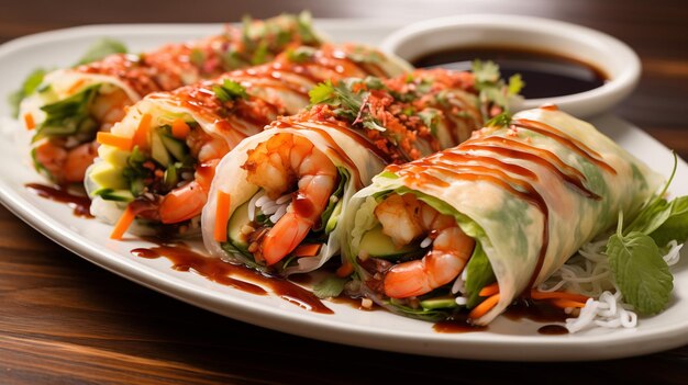 Goi Cuon Delight Colorful Food Photography Highlighting Fresh Spring Rolls with Shrimp and Herbs