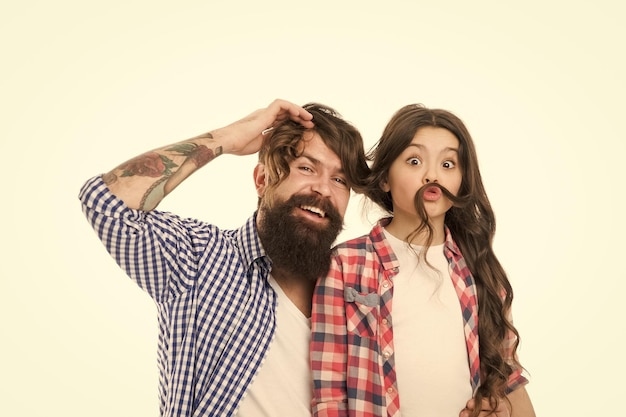 Going crazy Happy family Bearded man father with happy daughter Little girl love her father Happy moments Family day Happy little girl with long hair Father and daughter Family bonds