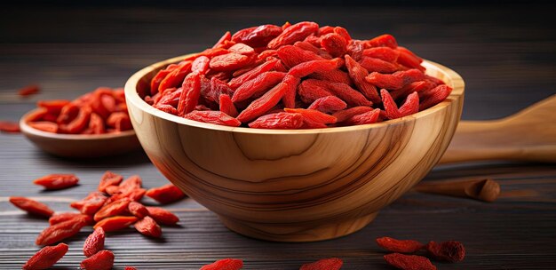 Photo goji berries in a wooden bowl on the white wood in the style of minimalistic japanese