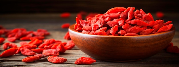 Photo goji berries on a wooden table selective focus