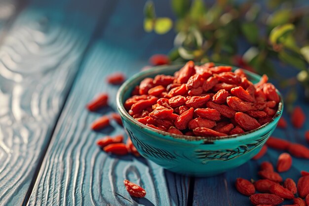 Foto goji berry crop in una ciotola su un tavolo di legno rustico