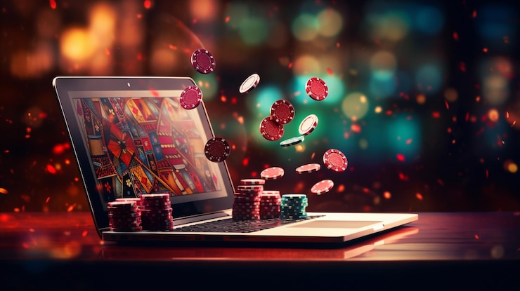 Foto gokken online casino internet weddenschappen concept jackpot casino chips computer toetsenbord laptop met poker chips dobbelstenen casino tokens gaming chips cheques of cheques generatieve ai