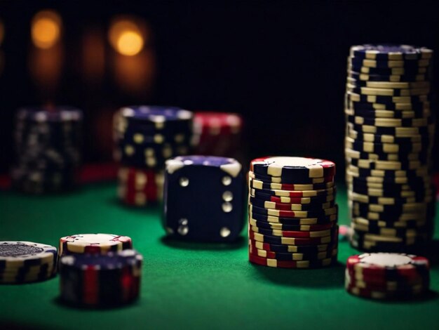 Foto goktafel poker kaarten dobbelstenen en munt chips in een donkere kamer op een zwarte achtergrond