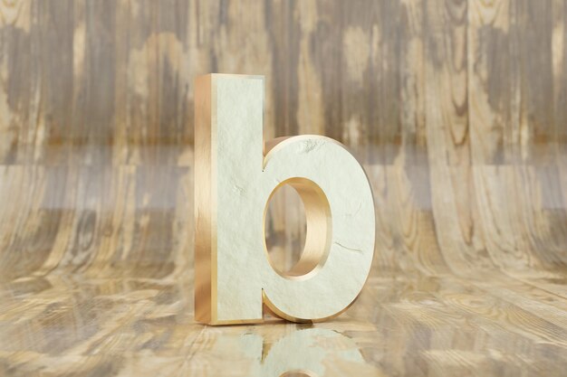 Gold 3d letter B lowercase. Golden letter on glossy wet wooden background. Golden alphabet with imperfections. 3d rendered font character.