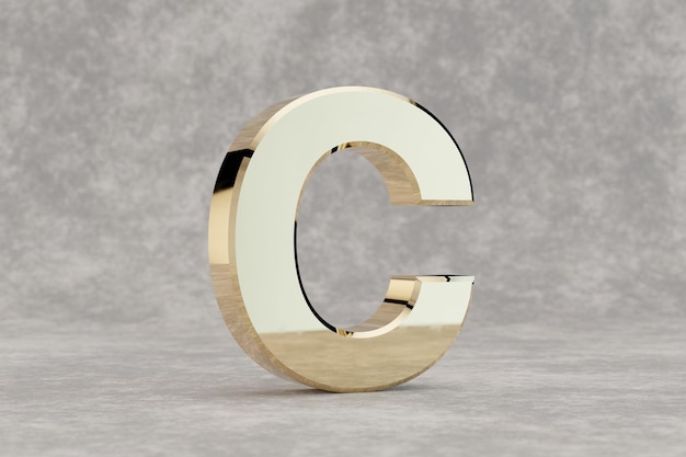 Gold 3d letter C uppercase. Glossy golden letter on concrete background. Metallic alphabet with studio light reflections. 3d rendered font character.