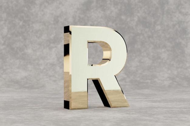 Gold 3d letter R uppercase. Glossy golden letter on concrete background. Metallic alphabet with studio light reflections. 3d rendered font character.