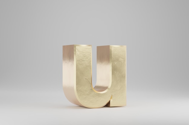 Gold 3d letter U lowercase. Golden letter isolated on white background. Golden alphabet with imperfections. 3d rendered font character.