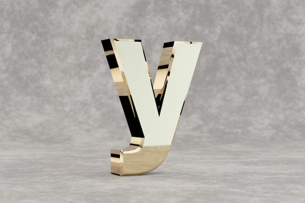Gold 3d letter Y lowercase. Glossy golden letter on concrete background. Metallic alphabet with studio light reflections. 3d rendered font character.