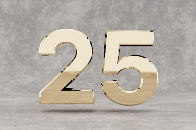 Photo gold 3d number 25. glossy golden number on concrete background. metallic digit with studio light reflections. 3d render.