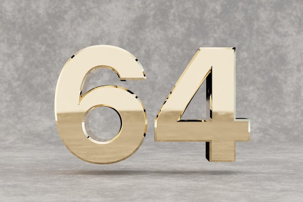 Gold 3d number 64. Glossy golden number on concrete background. Metallic digit with studio light reflections. 3d render.