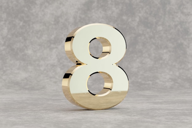 Gold 3d number 8. glossy golden number on concrete background.\
metallic alphabet with studio light reflections. 3d rendered font\
character.