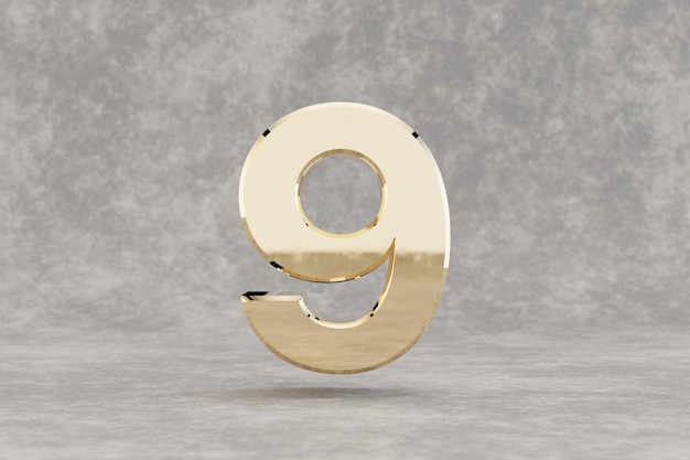 Gold 3d number 9. Glossy golden number on concrete background. Metallic digit with studio light reflections. 3d render.