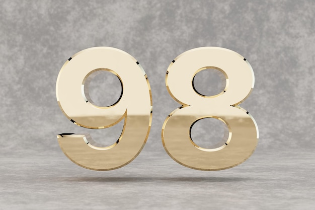 Photo gold 3d number 98. glossy golden number on concrete background. metallic digit with studio light reflections. 3d render.