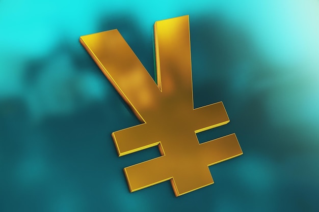 Gold 3d yen money logo and reflected blue background