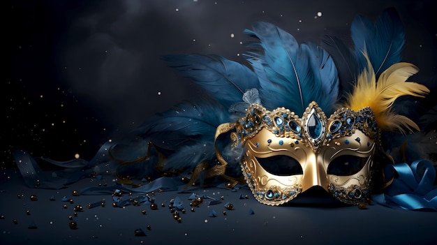 Фото Золотая и синяя маскарадная маска с перьями на темно-синем фоне с свободным местом для текста элегантная маска с голубыми перьями карнавальный дух голубая пернатая маска венецианская ночная тайна