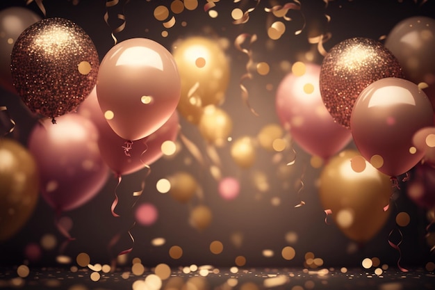 Фото Золотые и розовые воздушные шары вечеринка фон с днем рождения
