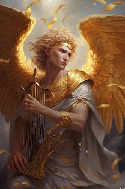 A gold angel with golden wings holds a harp in his hands.