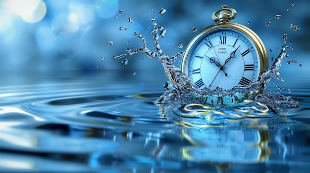 Gold antique pocket watch falling into the water with a splash