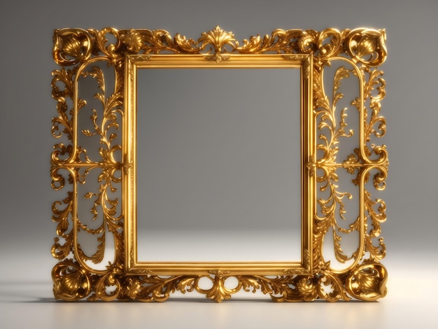 Gold antique rectangular picture or mirror frame richly decorated 3D Generate Ai