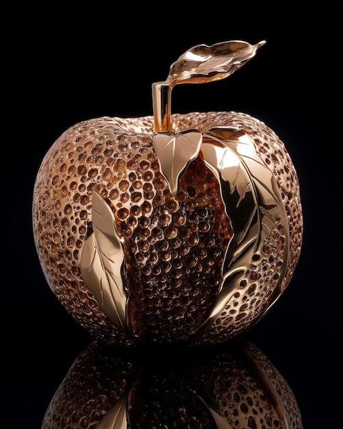 a gold apple with a gold leaf on it