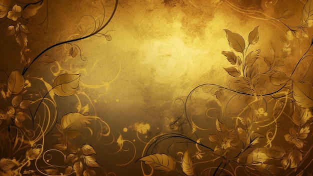 A gold background with leaves and flowers