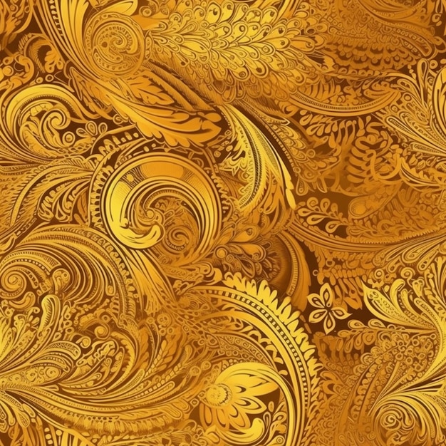 Gold background with a pattern of flowers and leaves.