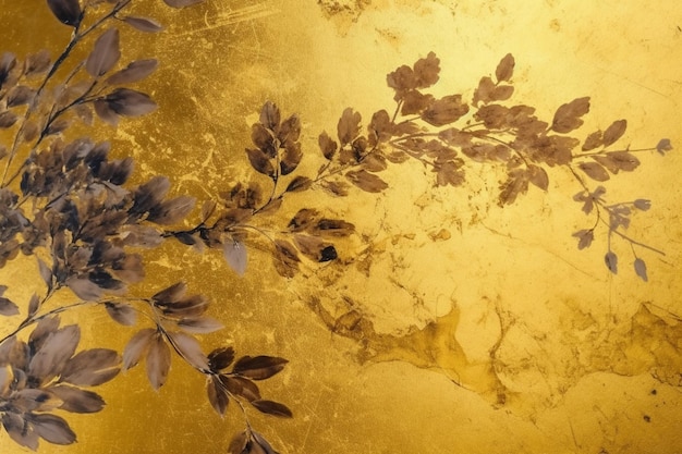 A gold background with purple flowers and leaves.