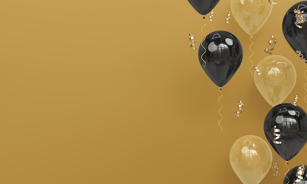 gold background with realistic black and gold balloons celebration 3d render