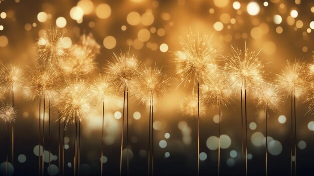 A gold background with sparklers in the foreground and a blurred background with bokeh lights.