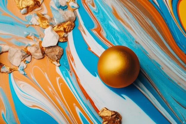 A gold ball sits on a colorful surface with the colors of blue orange and white