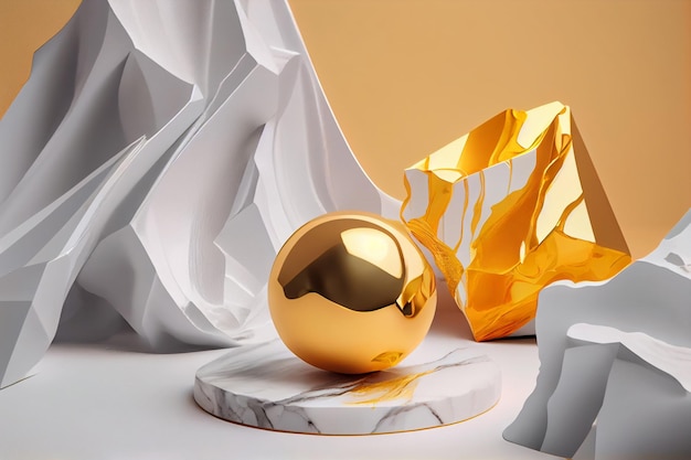 A gold ball sits on a marble surface next to a marble sculpture