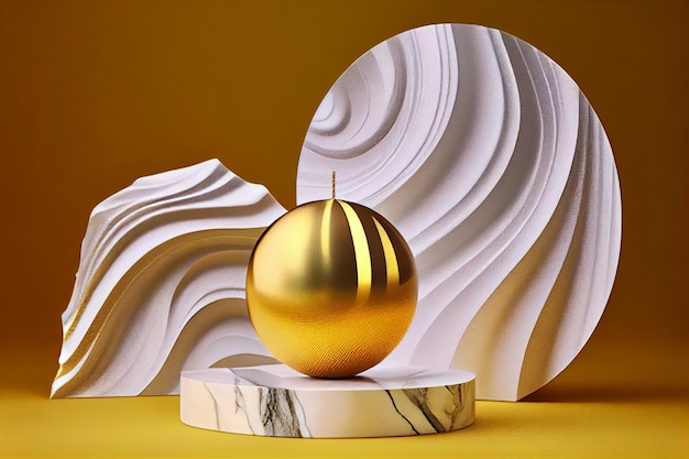 A gold ball sits on a pedestal next to a marble sculpture