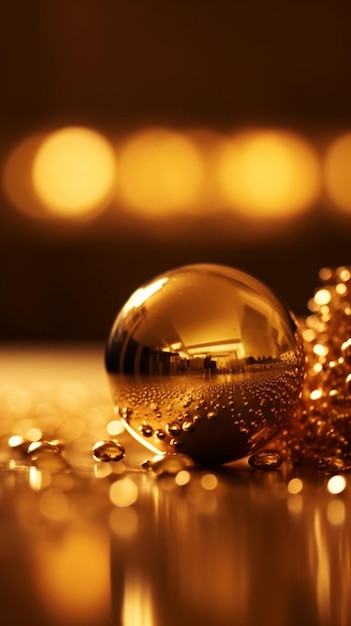 A gold ball on a table with a blurry background