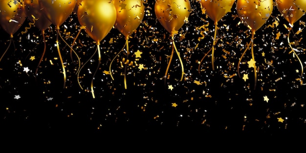 Gold balloon and foil confetti falling on black background with copy space 3d render