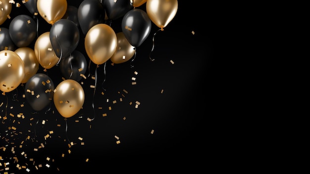 Photo gold balloon and foil confetti falling on black background