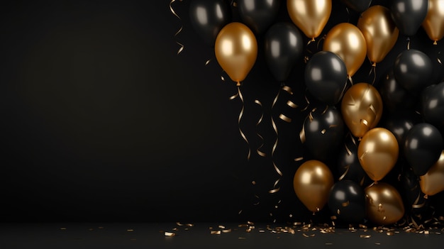 Gold balloon and foil confetti falling on black background