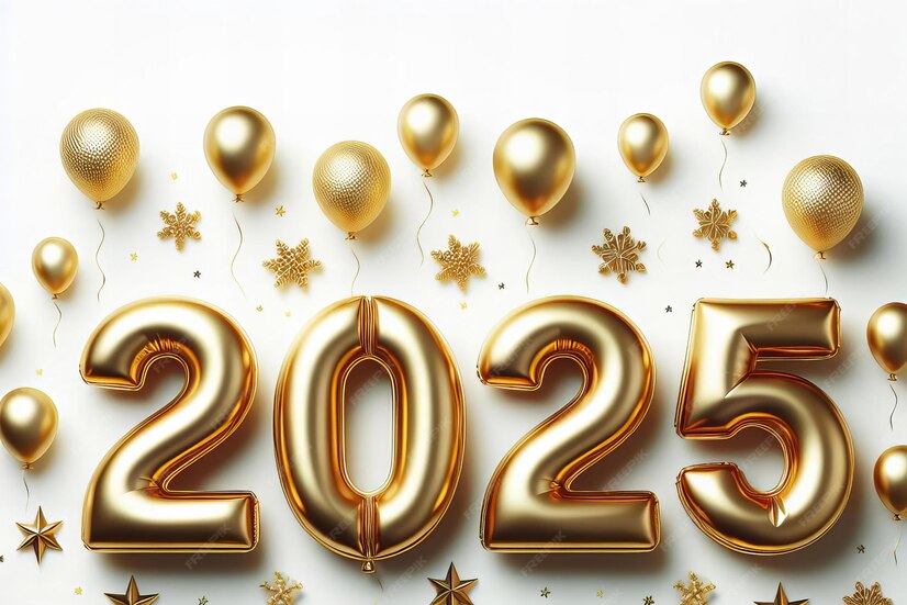 Gold balloon with number 2025 on it is surrounded by other gold balloons Premium AIgenerated