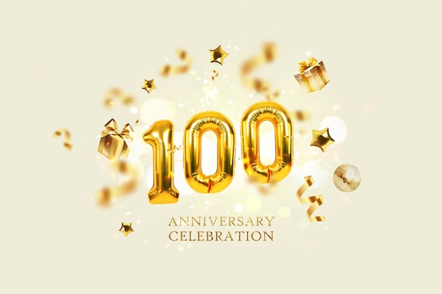 Gold balloons 100 with golden gifts confetti stars and a\
mirrored balloon on a beige background with sparkles and bokeh\
lights anniversary one hundred years celebration creative idea\
luxury card