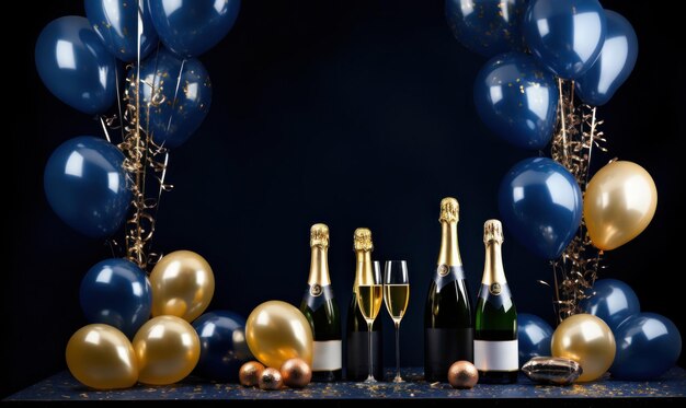 Photo gold balloons and bottles with champagne flutes on blue