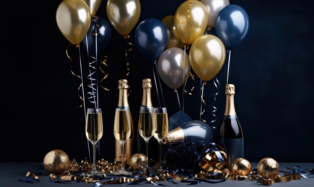 Foto palloncini d'oro e bottiglie con flauti di champagne su blu